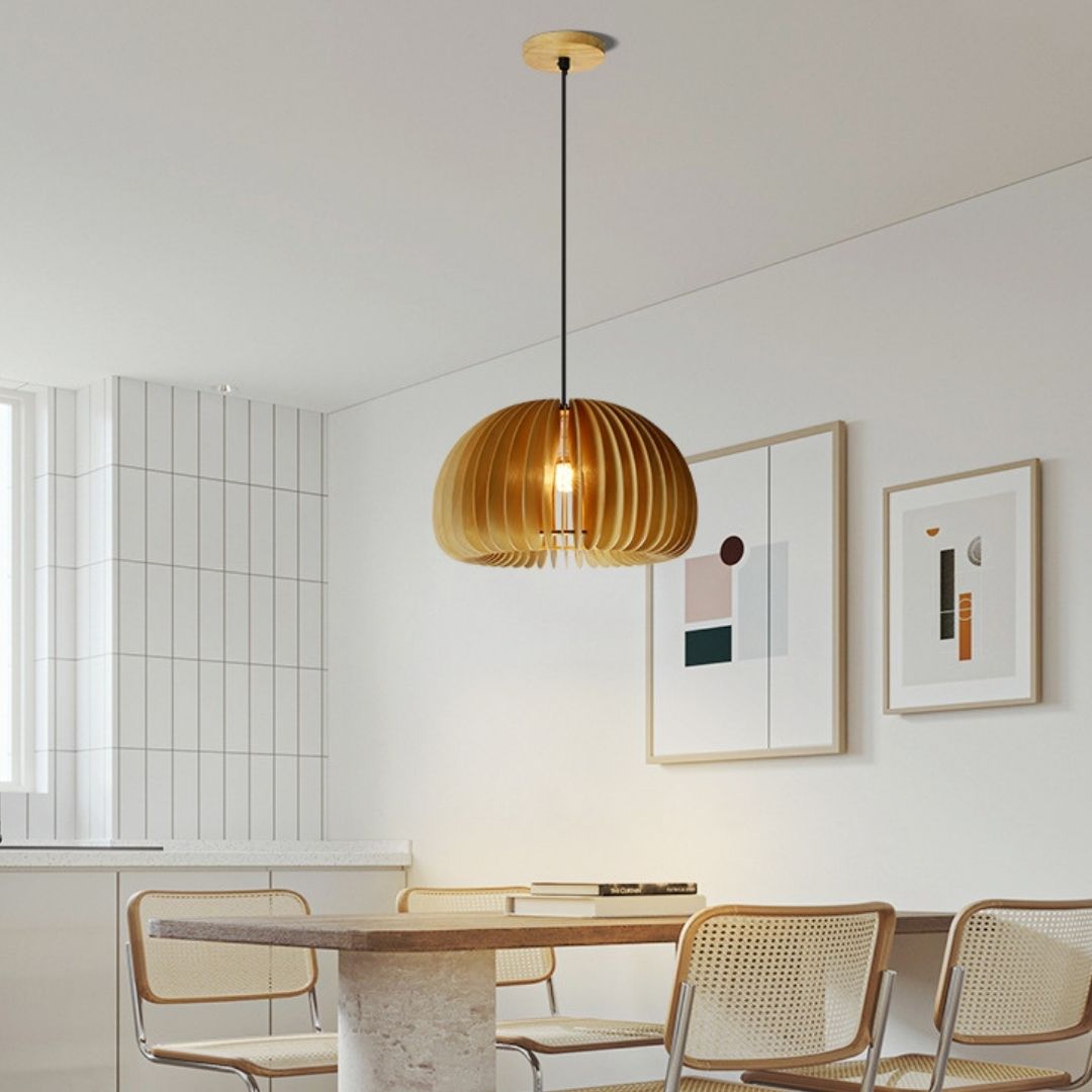 Japanese Style Modern Adjustable Wooden Pumpkin Lantern Ceiling Hanging Light