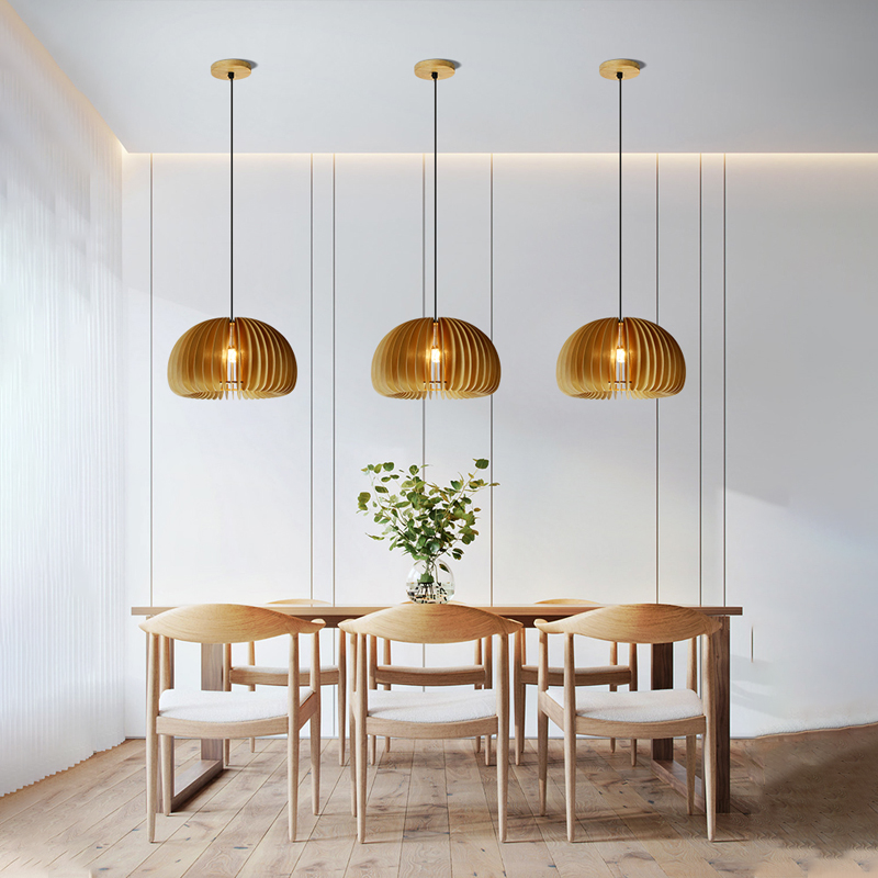 Japanese Style Modern Adjustable Wood Pumpkin Lantern Ceiling Hanging Light
