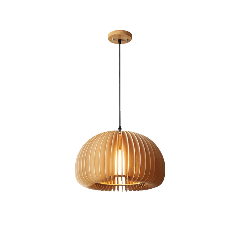 Japanese Style Modern Adjustable Wooden Pumpkin Lantern Ceiling Hanging Light