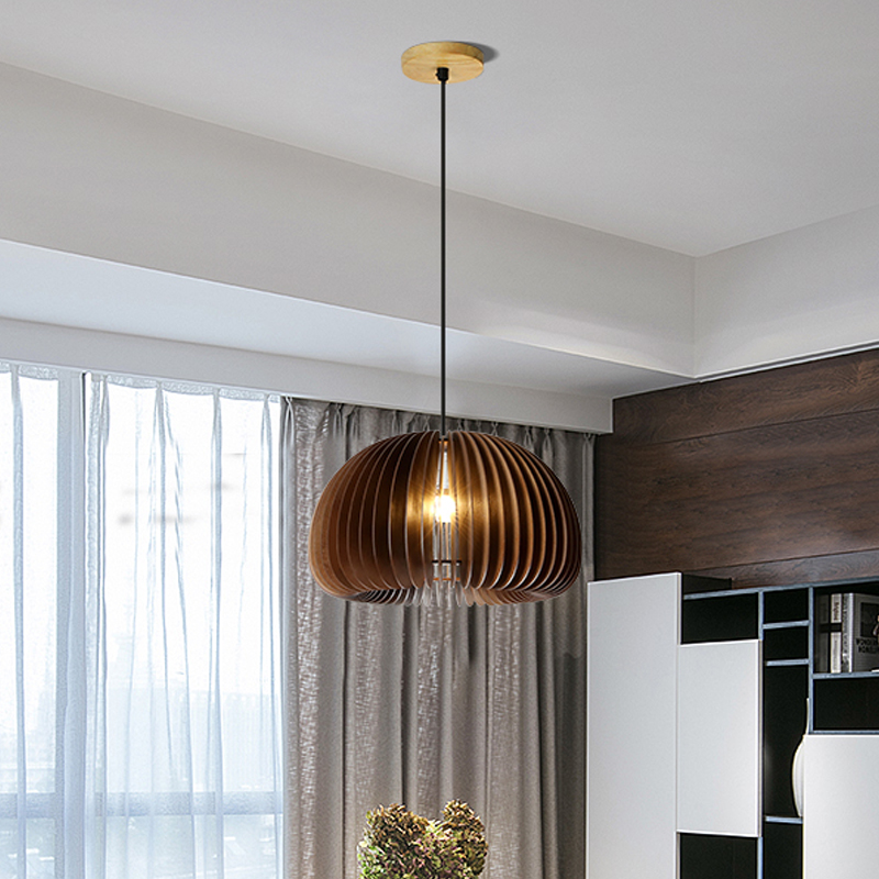 Japanese Style Modern Adjustable Wood Pumpkin Lantern Ceiling Hanging Light
