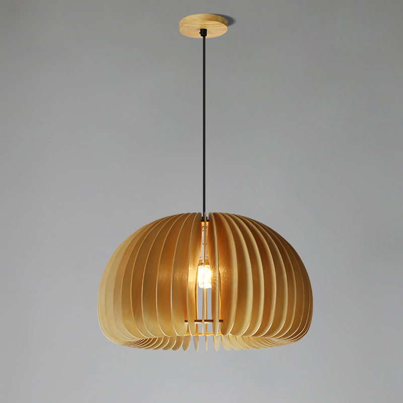Japanese Style Modern Adjustable Wood Pumpkin Lantern Ceiling Hanging Light