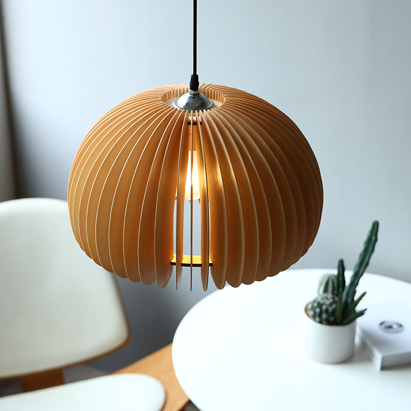 Japanese Style Modern Adjustable Wood Pumpkin Lantern Ceiling Hanging Light