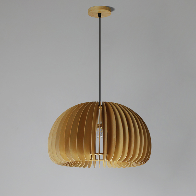 Japanese Style Modern Adjustable Wood Pumpkin Lantern Ceiling Hanging Light