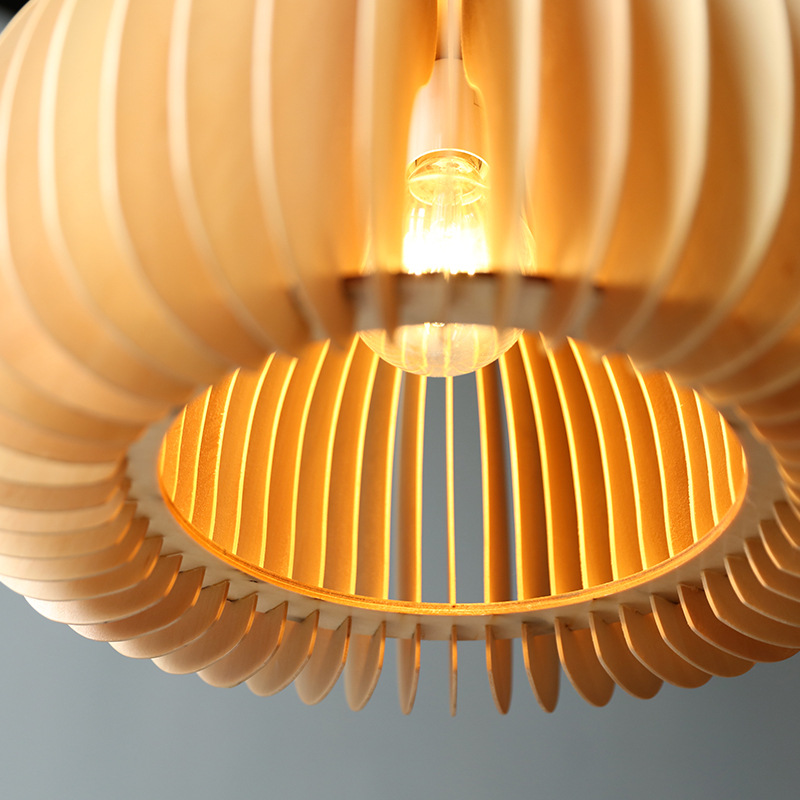 Japanese Style Modern Adjustable Wood Pumpkin Lantern Ceiling Hanging Light