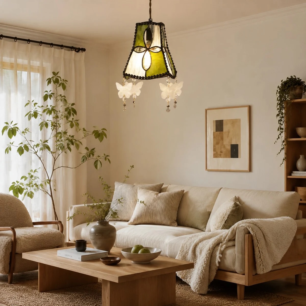 Warm room scene with sprout green shell pendant