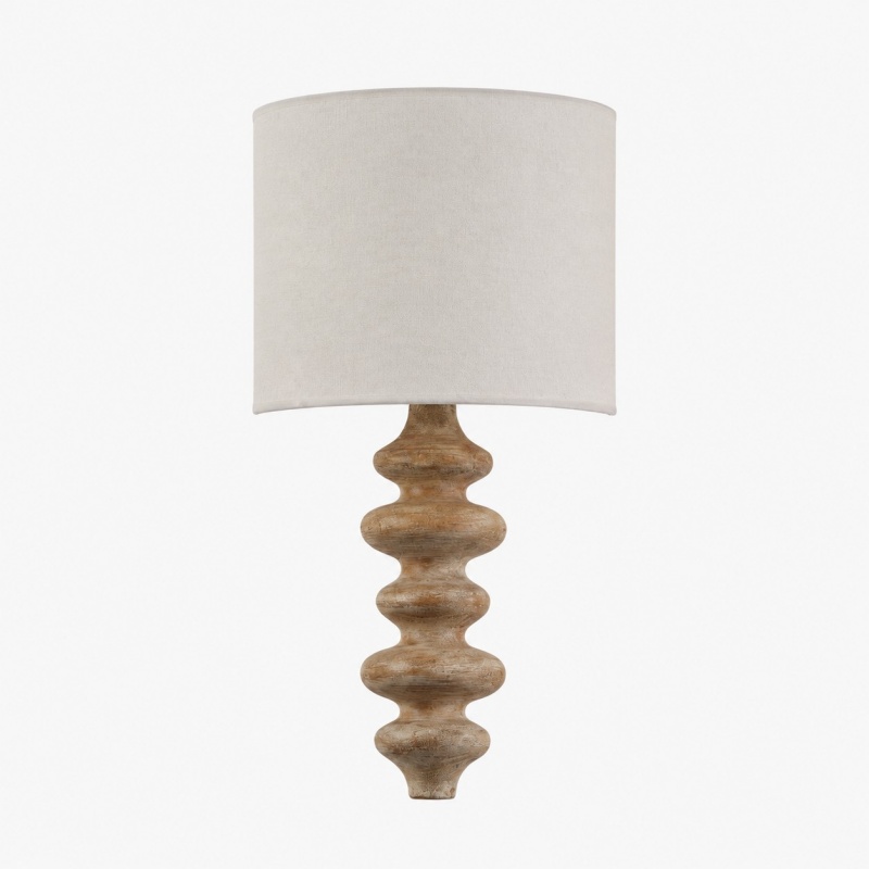 Natural wood sculptural wall lamp with fabric shade