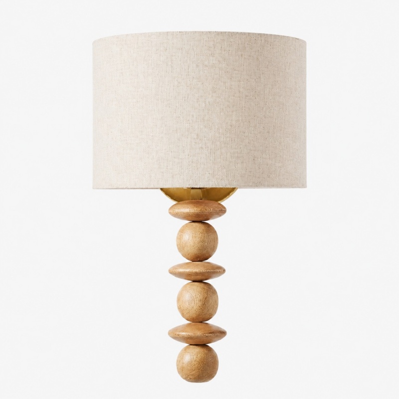 Natural wood rounded wall lamp with warm fabric shade
