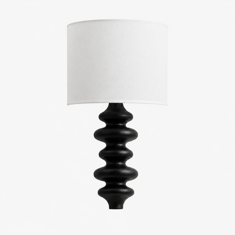 Ebony sculptural wall lamp with white fabric shade
