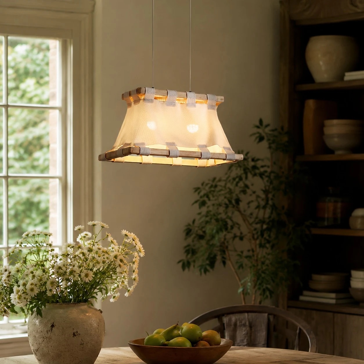 Warm fabric pendant lamp in calm interior