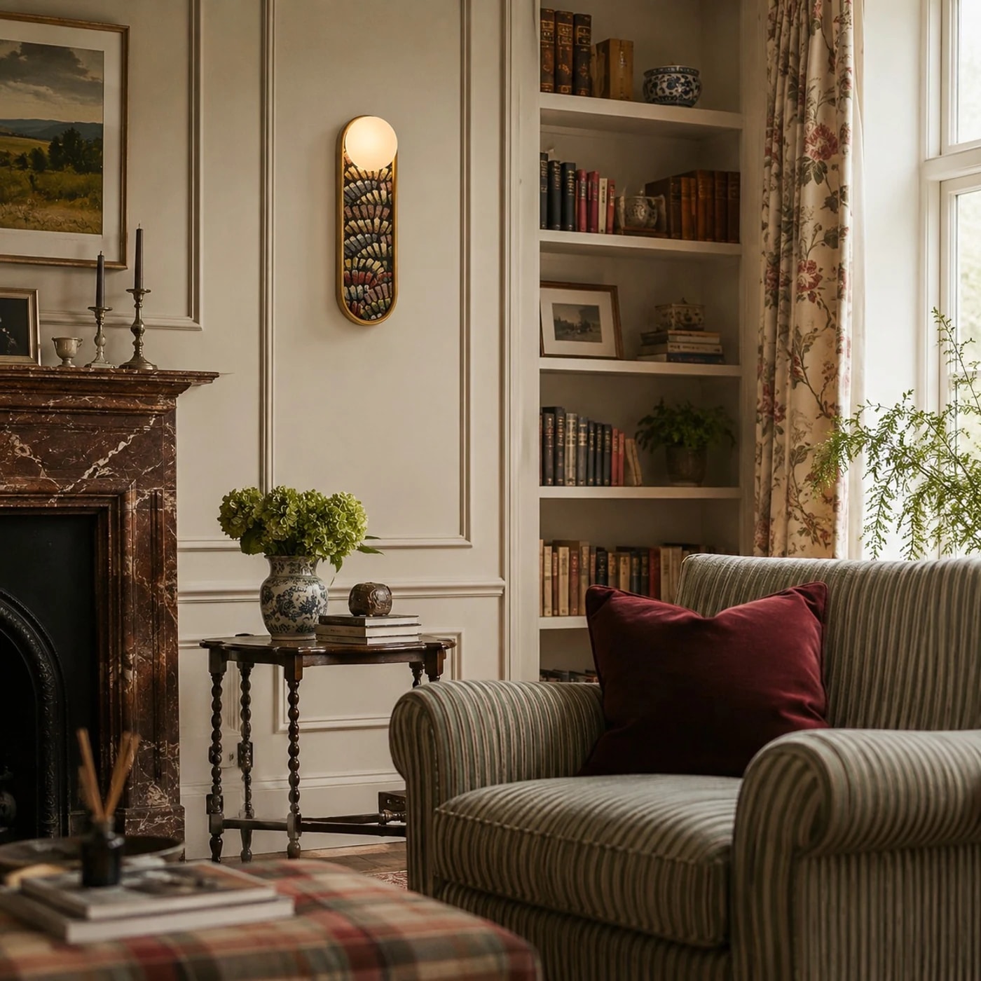 Vintage fabric wall sconce in a classic reading room