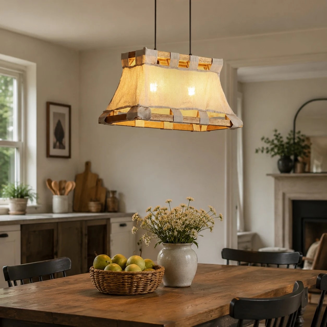Wood and fabric pendant lamp in bright dining room