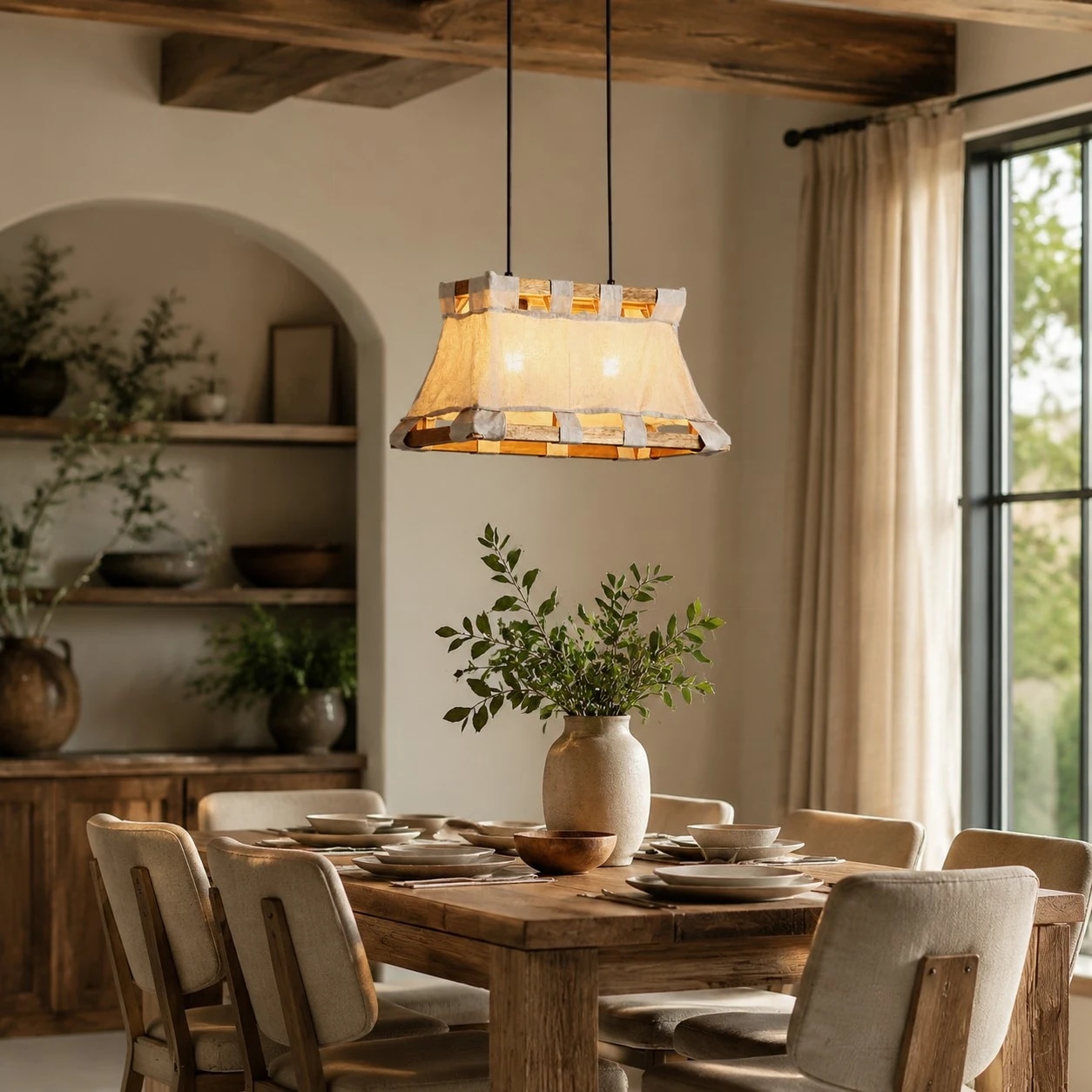 Fabric pendant lamp in hospitality dining space