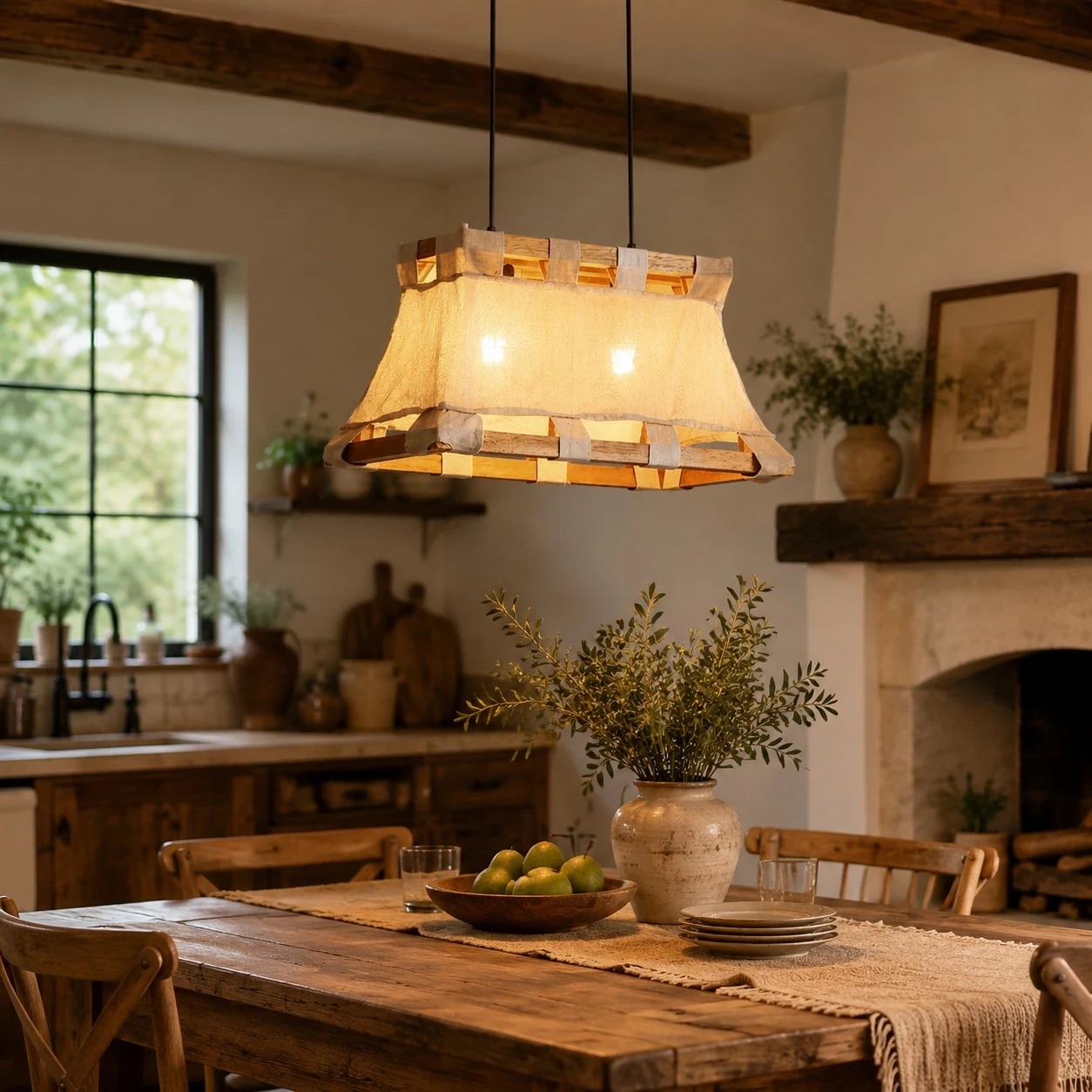 Rustic restaurant pendant light over wooden table