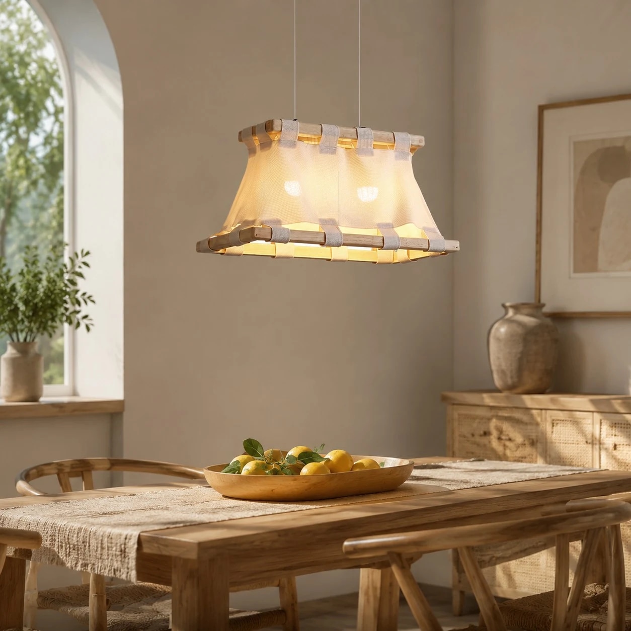 Pendant lamp scale above long dining table