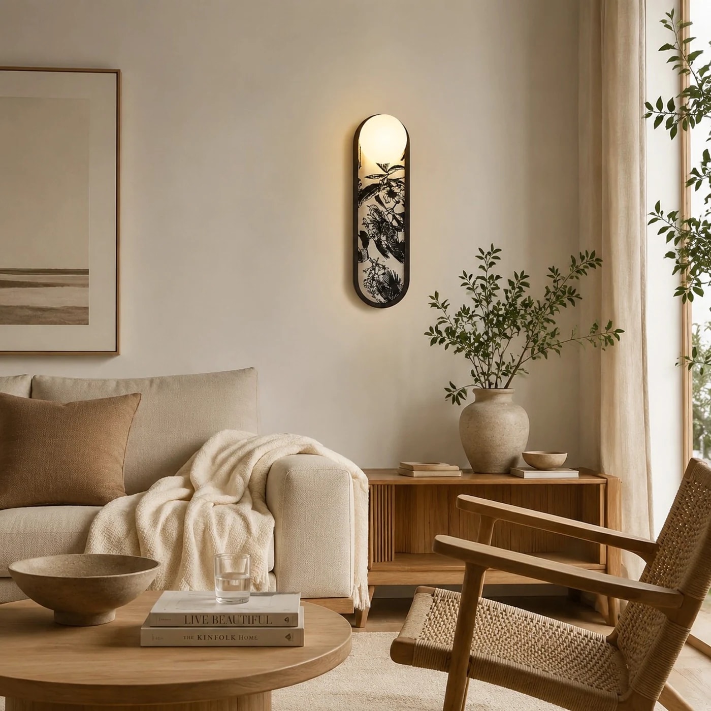 Decorative fabric wall sconce in a soft lounge setting