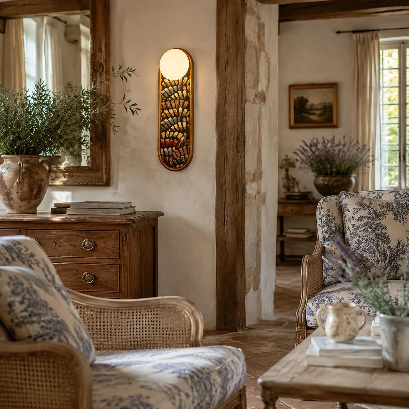 Vintage fabric wall sconce in a warm living room